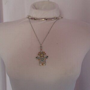 Hamsa Pendant Necklace Colorful and Napier Choker Silver Tone Metal